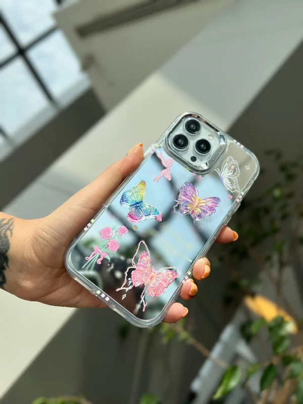 Embossed butterfly design mirror frame for iPhone 15 Pro Max