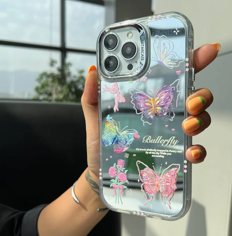 Embossed butterfly design mirror frame for iPhone 15 Pro Max